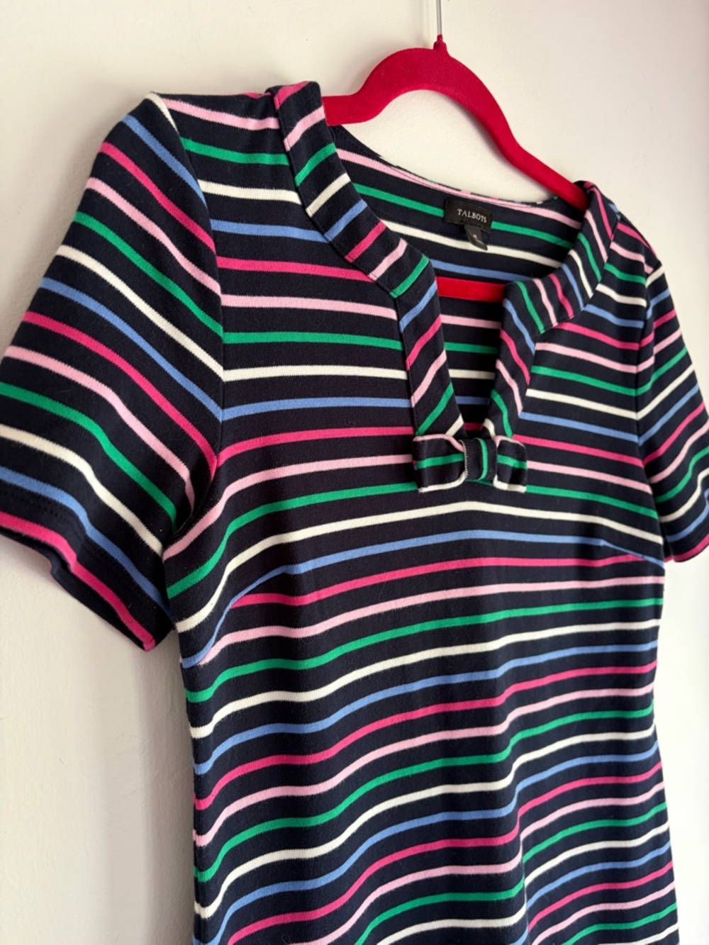 Talbots 100% Cotton Striped Short Sleeve Knit Midi Dress With Bow Size M - Picture 2 of 5